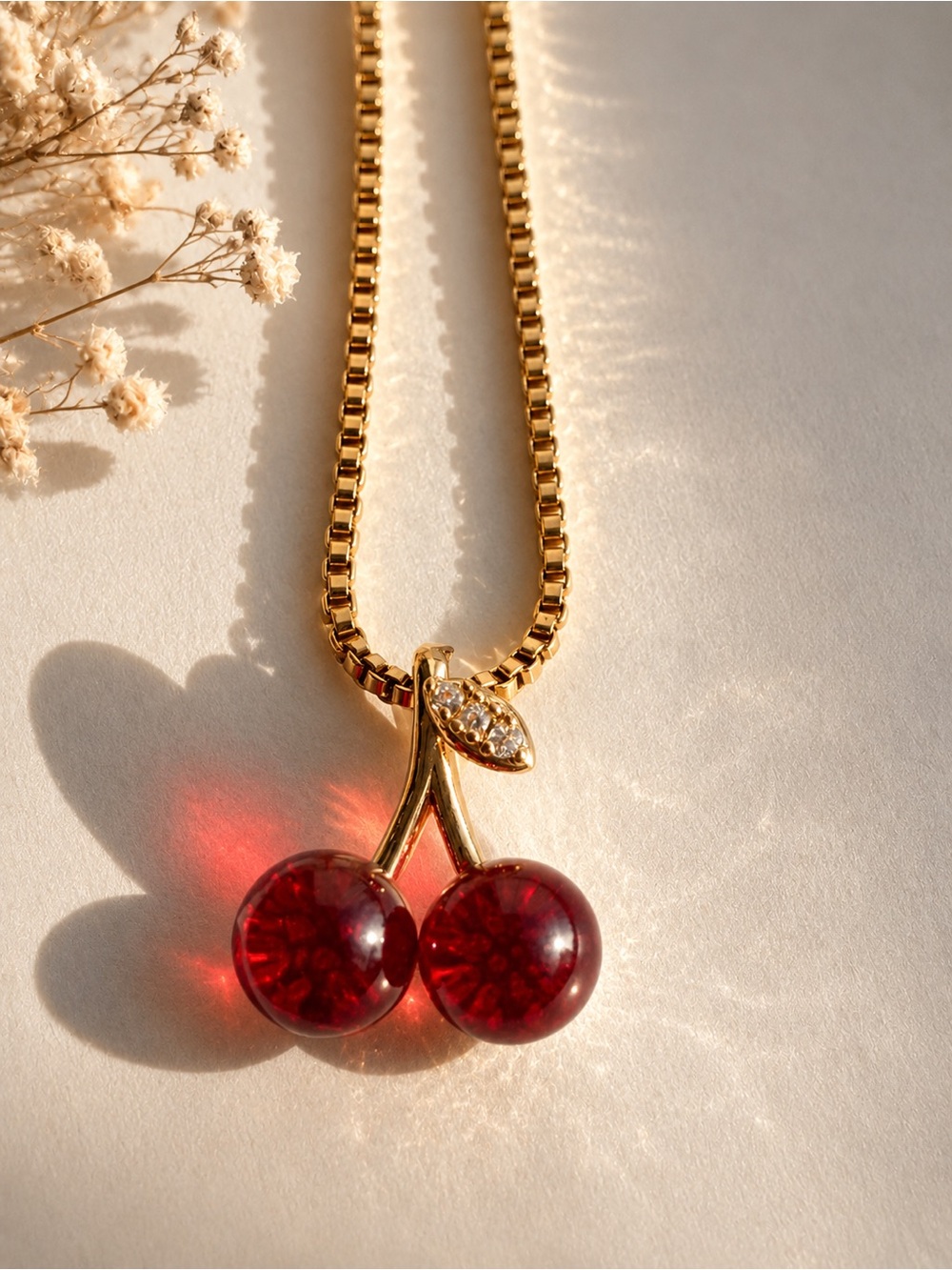 Gold Plated Cherry Pendant Necklace with Red  Charms 18 inches
